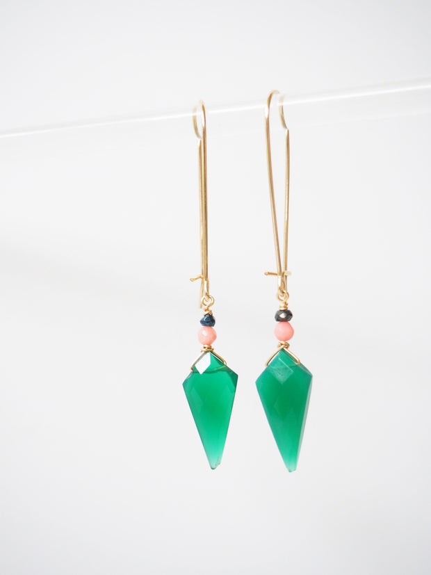 Green Onyx-Coral Reed Earrings